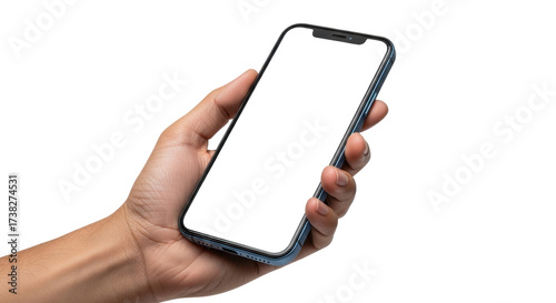 Isolated hand holding smartphone with blank white screen mockup for app presentation
