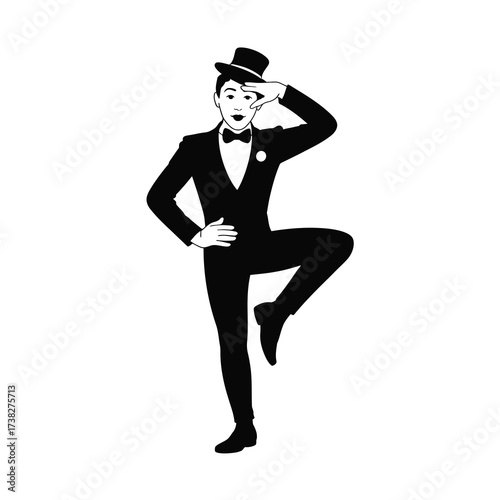 Elegant silhouette of a man in a top hat and tuxedo performing a dance pose