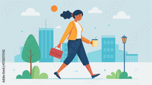 A woman with a desk job sets a goal to take a walk on her lunch break every day to counteract the negative effects of sitting for prolonged periods.. Vector illustration