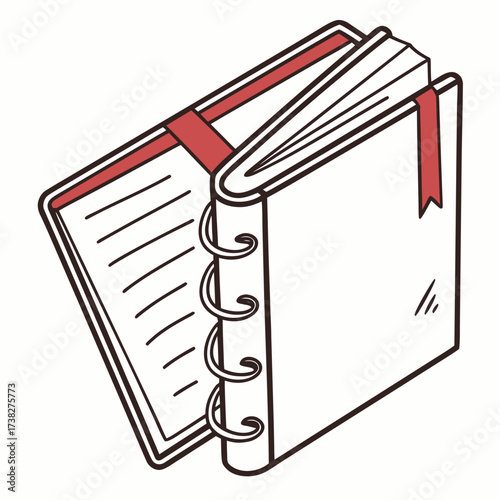 Hand drawn illustration of an open spiral bound notebook with red ribbon bookmarks and lined pages on a white background