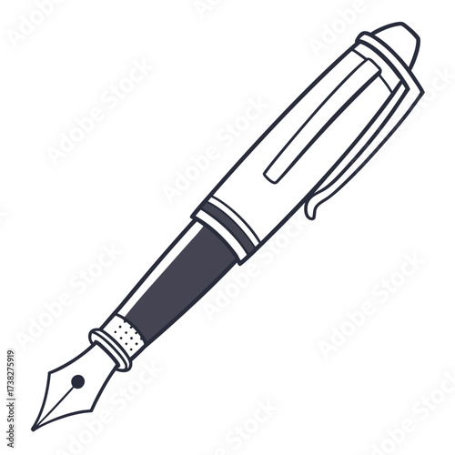 A classic fountain pen with a dark grip and silver clip rendered in a simple outline style on a white background