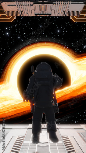 Astronaut observing black hole from spaceship: interstellar exploration and space travel. 3d render