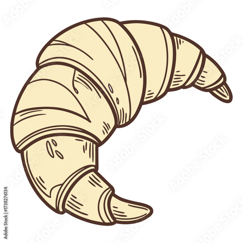 A hand drawn illustration of a single golden brown croissant with dark brown outlines on a white background