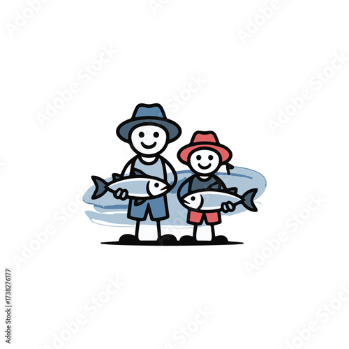 cartoon illustration of a man and woman catching fish
