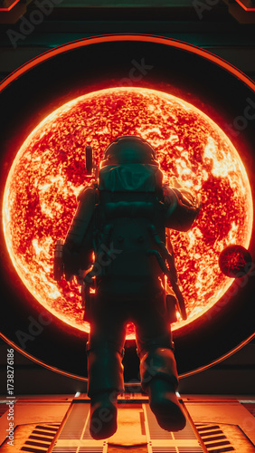 Astronaut observing giant red star from spaceship window in space exploration mission. 3d render