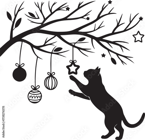 Vector silhouette of a curious cat playing with Christmas ornaments hanging from a branch