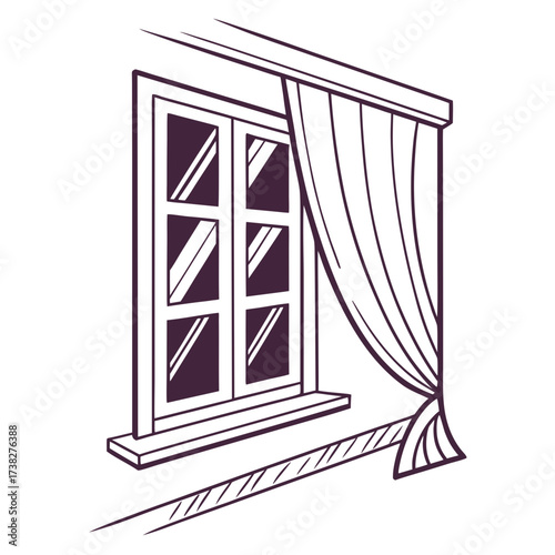 A simple line drawing of a window with a curtain partially drawn to the side revealing the glass panes