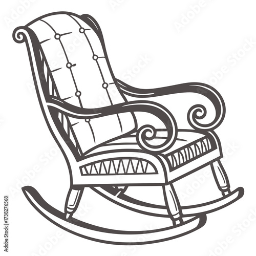 Classic tufted upholstered rocking chair with ornate scrolled arms and a woven seat detail in a simple line art style