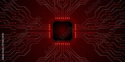 Digital Circuitry: A close-up shot of a complex and intricate digital circuit, with its red pathways and illuminating core.