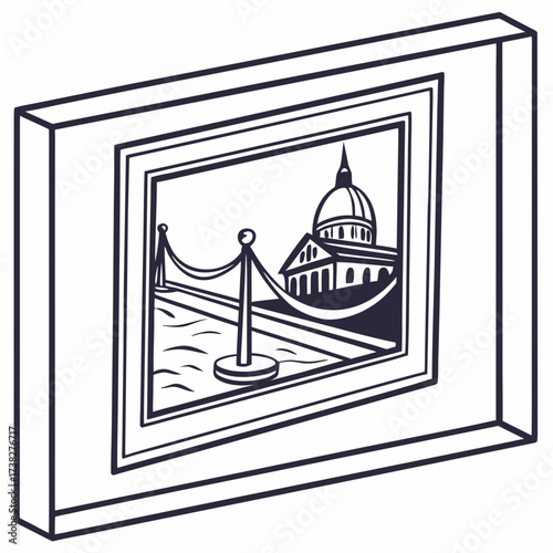 Illustration of a framed artwork depicting a neoclassical building with a dome behind a velvet rope barrier