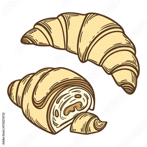 Hand drawn illustration of two golden croissants one whole and one sliced revealing a sweet filling on a white background