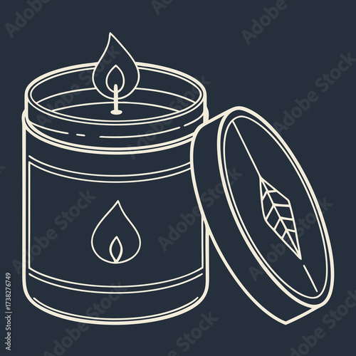 Minimalist line art illustration of a lit scented candle in a tin with its lid off and a leaf design