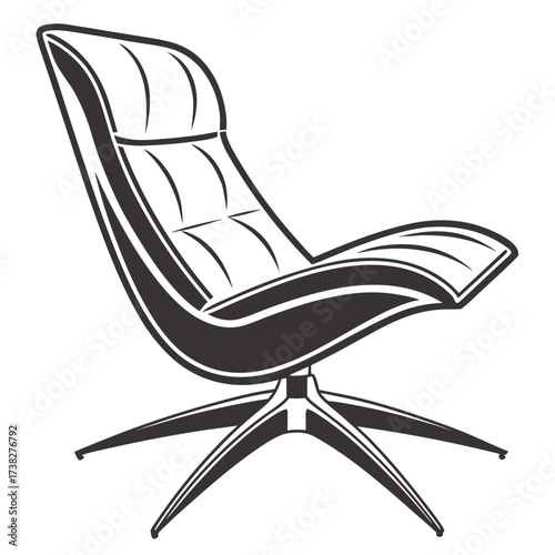 Modern minimalist black and white illustration of a stylish lounge chair with a star base and tufted upholstery
