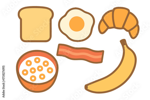 Assortment of breakfast foods: toast, fried egg, bacon, croissant, cereal, and banana