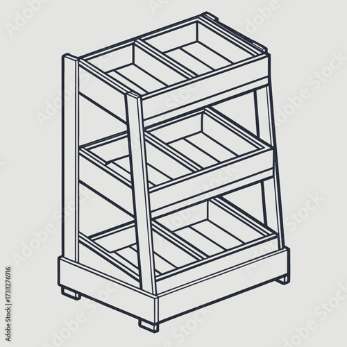 Simple isometric line art illustration of a three tiered wooden display stand with multiple compartments for products