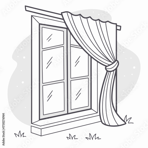 Simple line drawing of a window with a curtain tied back on the right side and a hint of snow outside