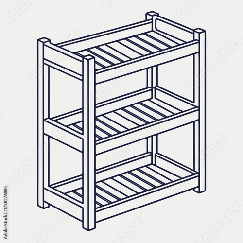 Simple outline illustration of a three tiered wooden shelf unit with slatted shelves and sturdy legs on a light background