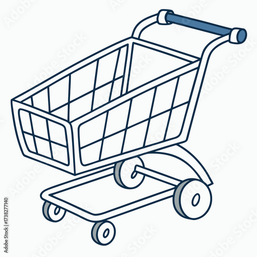 Stylized isometric line art illustration of a shopping cart with blue handle and wheels on a white background