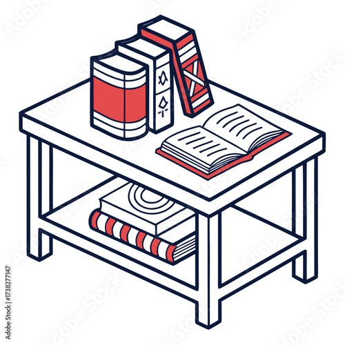 Stylized isometric illustration of a white table with red and blue books and an open book