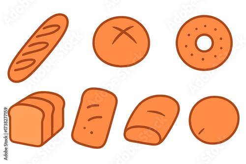 Variety of fresh baked goods including baguettes, sliced bread, bagels, and dinner rolls