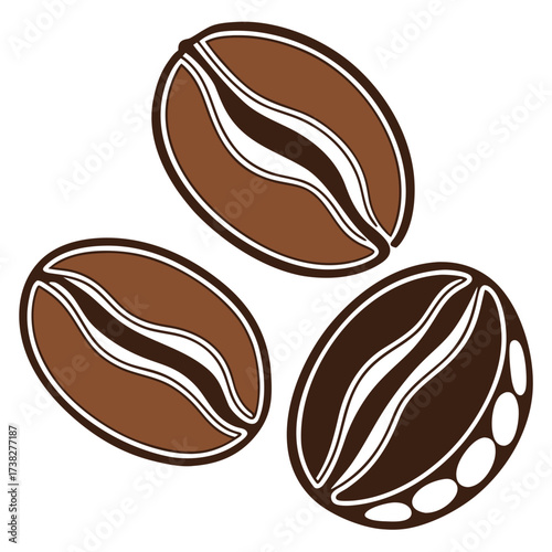 Three stylized brown coffee beans with white outlines and a central groove on a white background