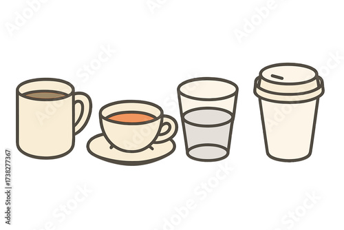 Assortment of common hot and cold beverages in various cups and glasses