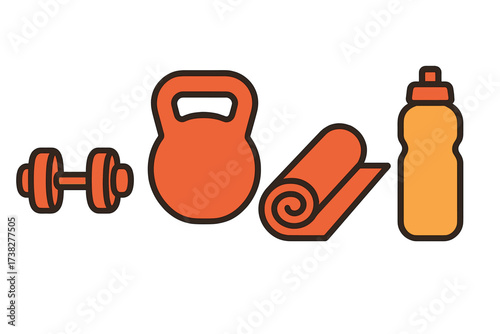 Essential fitness equipment including dumbbell, kettlebell, yoga mat, and water bottle for an active lifestyle