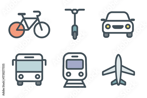 Collection of various transportation mode icons for travel and urban mobility
