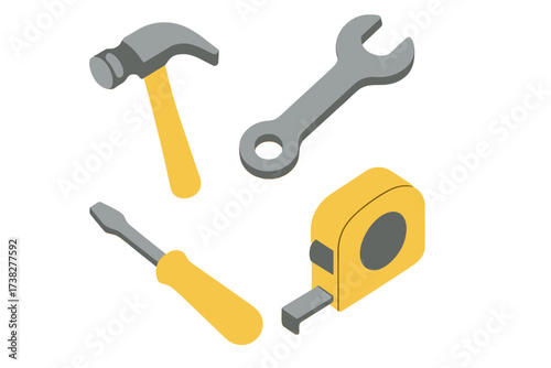 Essential construction and repair tools set including hammer, wrench, screwdriver, and tape measure