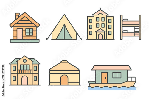 Collection of diverse housing types and temporary shelters for travel and living