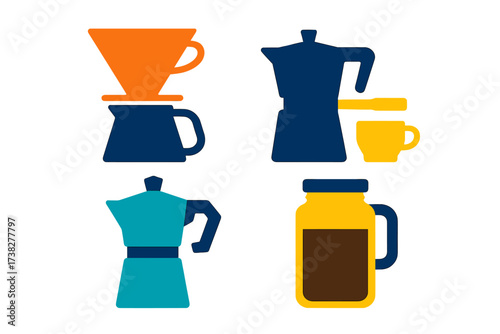 Set of colorful coffee brewing equipment and methods icons for hot beverage preparation