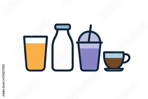 Assortment of popular beverages including fruit juice, milk, cold drink, and hot coffee