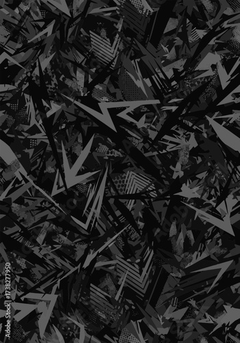 Modern abstract dark background with dynamic geometric pattern, sharp angles, and grunge texture in shades of black and grey.