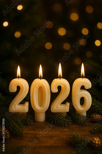 Four glowing candles, each carved with a digit of 2026, set in a cozy festive arrangement with pine branches and golden lights. Perfect for holiday and seasonal celebration designs.