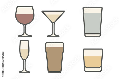 Collection of various stylized drink glasses filled with different beverages