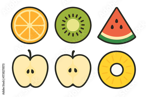 Collection of colorful fresh fruit slices including orange kiwi watermelon apple and pineapple