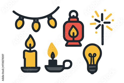 Festive illumination elements with glowing candles, classic lantern, and decorative string lights