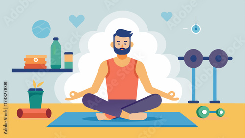 In a gym surrounded by weightlifting equipment a man sits on a yoga mat and focuses on his breath and body as part of his strength training and mindful fitness regimen.. Vector illustration