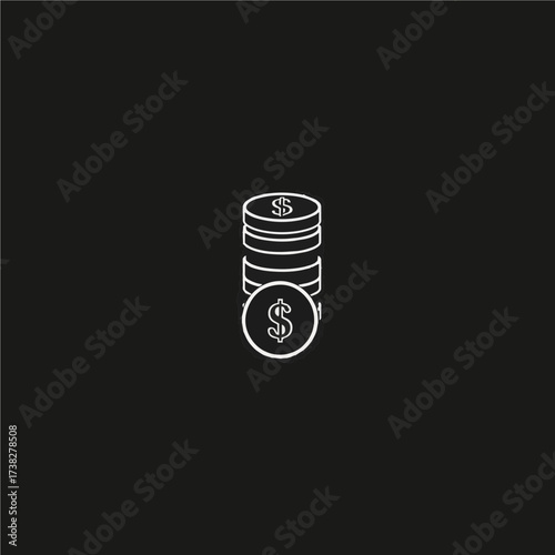 Vector dollar coin stack icon on black background. Symbol of investment, savings and financial growth in minimalist style. Perfect for business and economy projects.