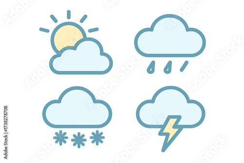 Modern weather forecast icons representing sun, rain, snow, and thunderstorm