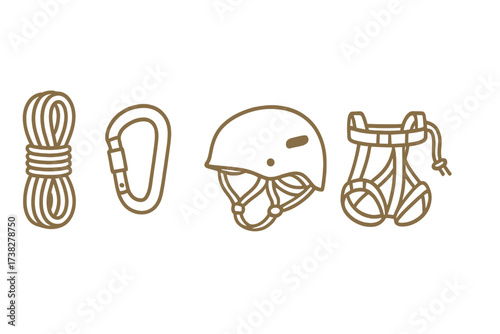 Climbing and mountaineering equipment set with rope, carabiner, helmet, and harness