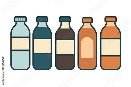 Row of colorful beverage bottles with blank labels on a white background