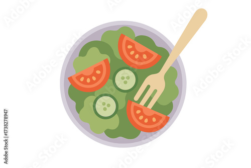 Fresh green salad with sliced tomatoes and cucumbers in a bowl with a fork