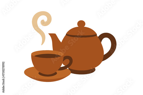 Traditional brown ceramic teapot and teacup with steam rising from a hot beverage