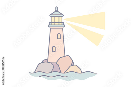 Coastal lighthouse structure standing on rocks with a bright guiding light beam