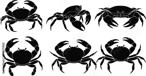 Crab silhouette set, marine animal icons, black crustacean shapes, ocean wildlife graphics, sea creature vector, aquatic species illustration, editable design elements