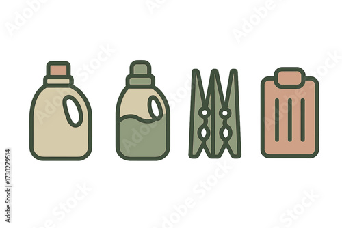 Collection of laundry day essentials including detergent, softener, clothespins, and basket