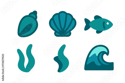 Stylized ocean elements including shells, fish, seaweed, and wave