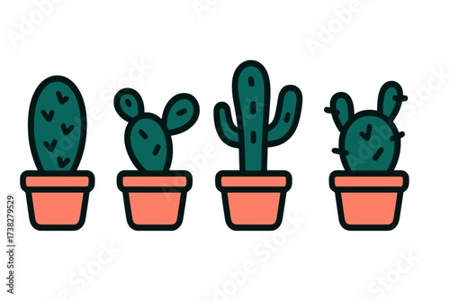 Stylized potted desert plants with green bodies and terracotta containers