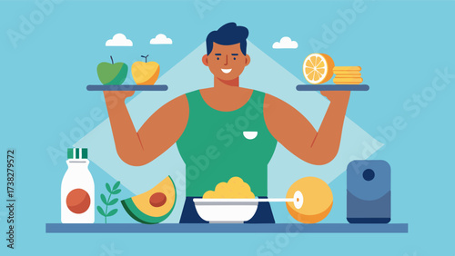 Every meal the man makes sure to include a balance of protein complex carbohydrates and healthy fats fueling his body for his workouts and aiding in muscle recovery.. Vector illustration